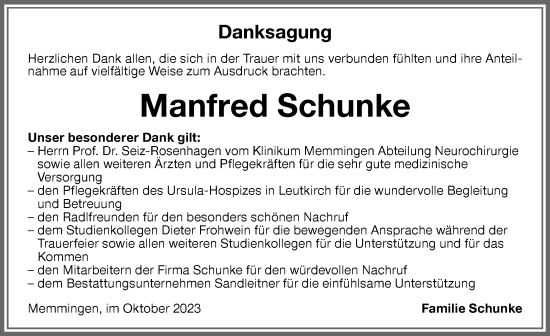 Traueranzeige von Manfred Schunke von Memminger Zeitung