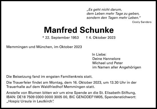 Traueranzeige von Manfred Schunke von Memminger Zeitung