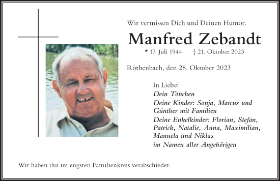 Traueranzeige von Manfred Zebandt von Der Westallgäuer