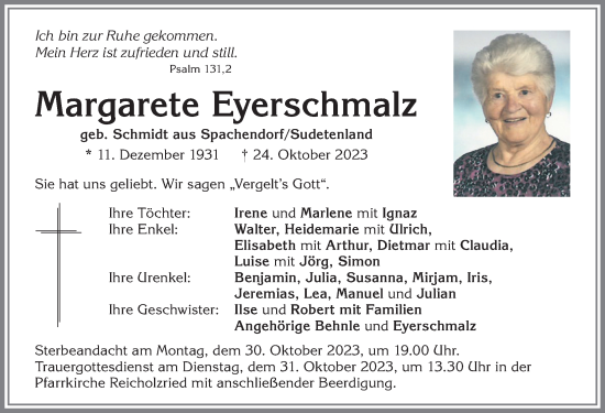 Traueranzeige von Margarete Eyerschmalz von Allgäuer Zeitung,Kempten