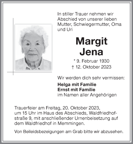 Traueranzeige von Margit Jena von Memminger Zeitung