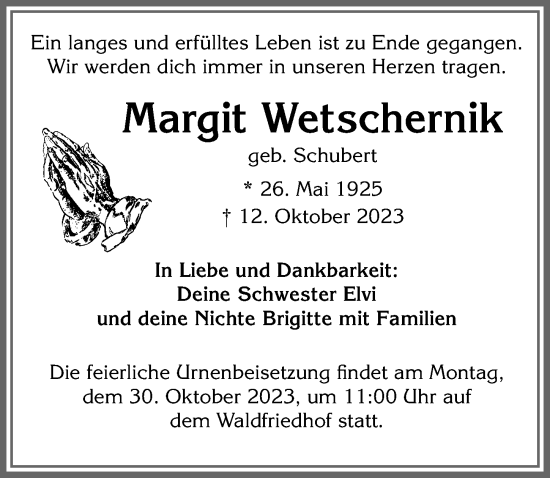 Traueranzeige von Margit Wetschernik von Allgäuer Zeitung, Kaufbeuren/Buchloe