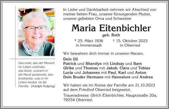 Traueranzeige von Maria Eitenbichler von Allgäuer Zeitung, Kaufbeuren/Buchloe