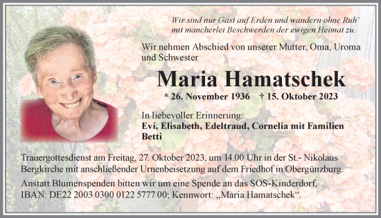 Traueranzeige von Maria Hamatschek von Allgäuer Zeitung, Marktoberdorf