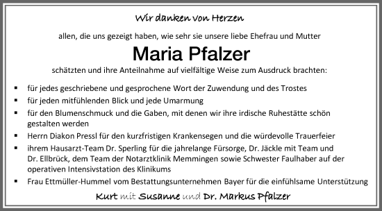 Traueranzeige von Maria Pfalzer von Memminger Zeitung