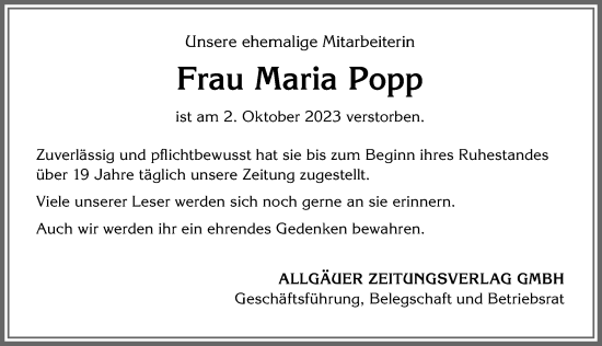 Traueranzeige von Maria Popp von Allgäuer Zeitung, Kaufbeuren/Buchloe