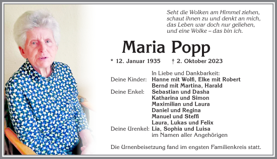 Traueranzeige von Maria Popp von Allgäuer Zeitung, Kaufbeuren/Buchloe