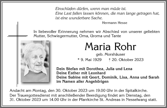 Traueranzeige von Maria Rohr von Allgäuer Zeitung, Füssen