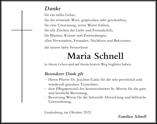 Traueranzeige von Maria Schnell von Der Westallgäuer
