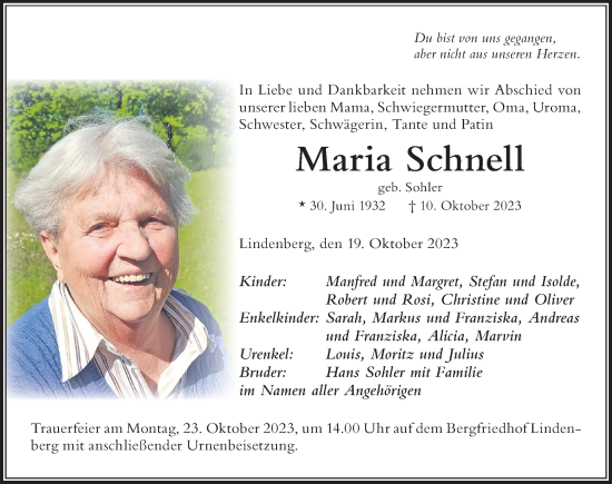 Traueranzeige von Maria Schnell von Der Westallgäuer