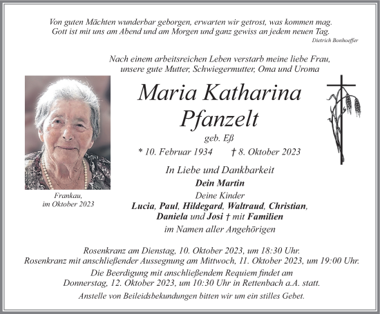 Traueranzeige von Maria Katharina Pfanzelt von Allgäuer Zeitung, Marktoberdorf