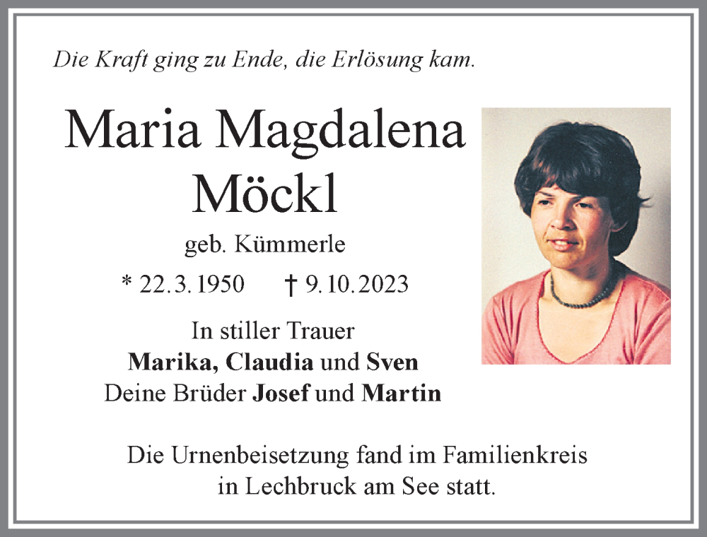  Traueranzeige für Maria Magdalena Möckl vom 27.10.2023 aus Allgäuer Zeitung, Füssen