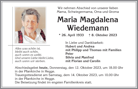 Traueranzeige von Maria Magdalena Wiedemann von Allgäuer Zeitung,Kempten