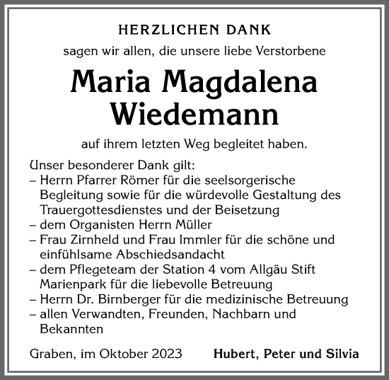 Traueranzeige von Maria Magdalena Wiedemann von Allgäuer Zeitung,Kempten