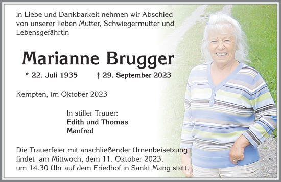 Traueranzeige von Marianne Brugger von Allgäuer Zeitung,Kempten