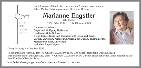 Traueranzeige von Marianne Engstler von Allgäuer Zeitung, Marktoberdorf