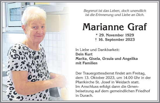 Traueranzeige von Marianne Graf von Allgäuer Zeitung,Kempten