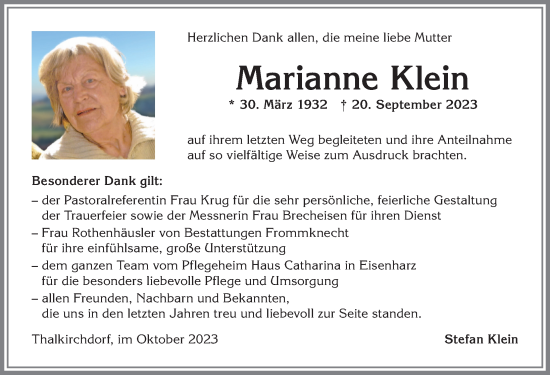 Traueranzeige von Marianne Klein von Allgäuer Anzeigeblatt