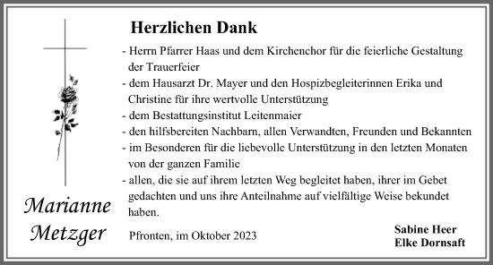 Traueranzeige von Marianne Metzger von Allgäuer Zeitung, Füssen