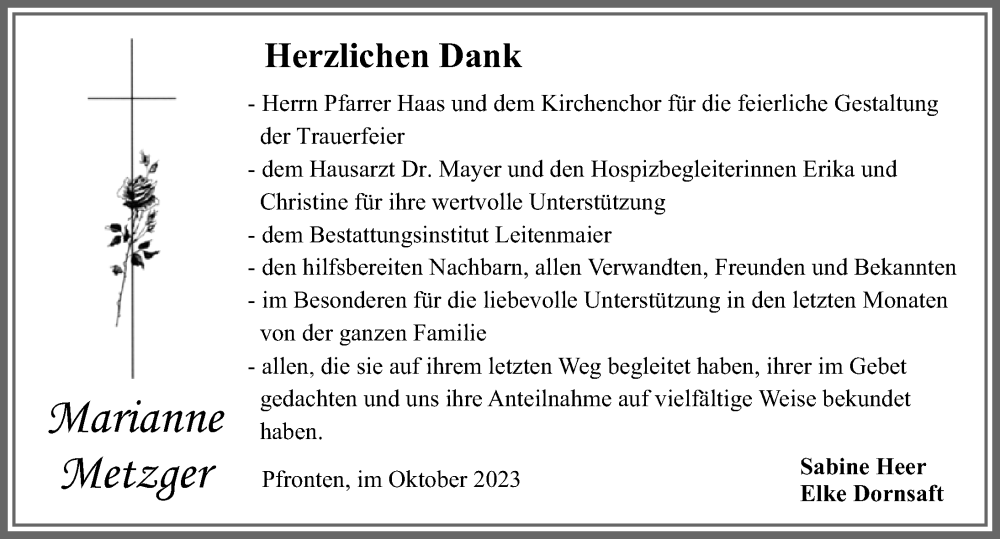  Traueranzeige für Marianne Metzger vom 14.10.2023 aus Allgäuer Zeitung, Füssen