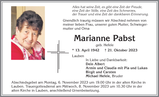 Traueranzeige von Marianne Pabst von Allgäuer Zeitung,Kempten