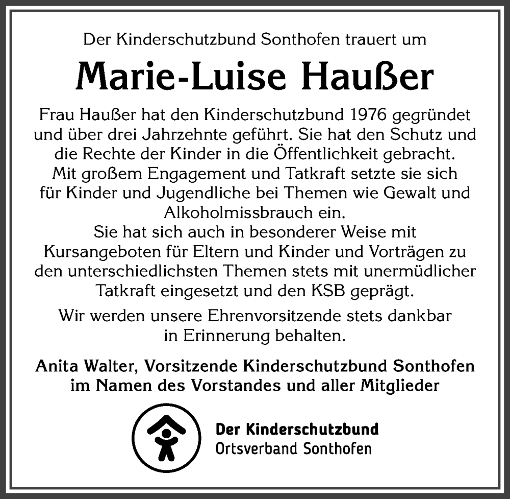  Traueranzeige für Marie-Luise Haußer vom 05.10.2023 aus Allgäuer Anzeigeblatt