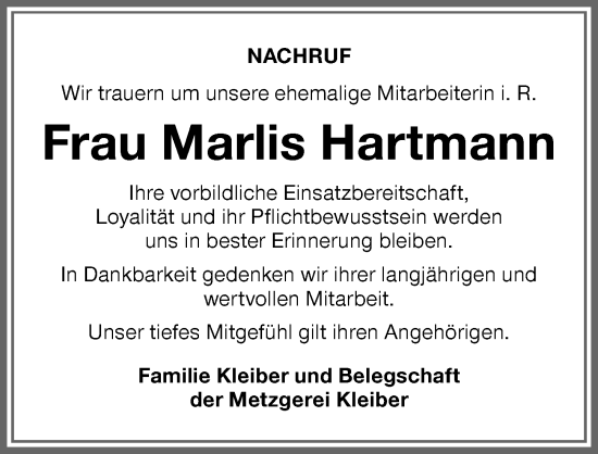 Traueranzeige von Marlis Hartmann von Memminger Zeitung