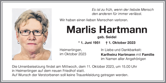 Traueranzeige von Marlis Hartmann von Memminger Zeitung