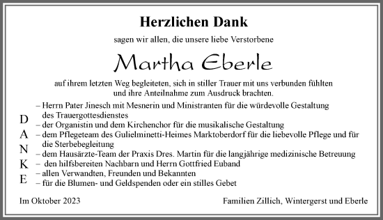 Traueranzeige von Martha Eberle von Allgäuer Zeitung, Marktoberdorf