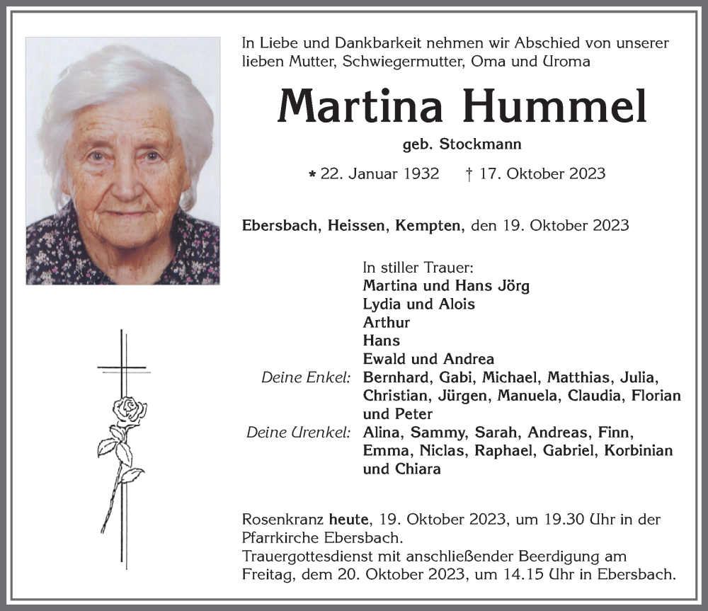  Traueranzeige für Martina Hummel vom 19.10.2023 aus Allgäuer Zeitung, Marktoberdorf
