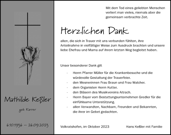 Traueranzeige von Mathilde Keßler von Memminger Zeitung