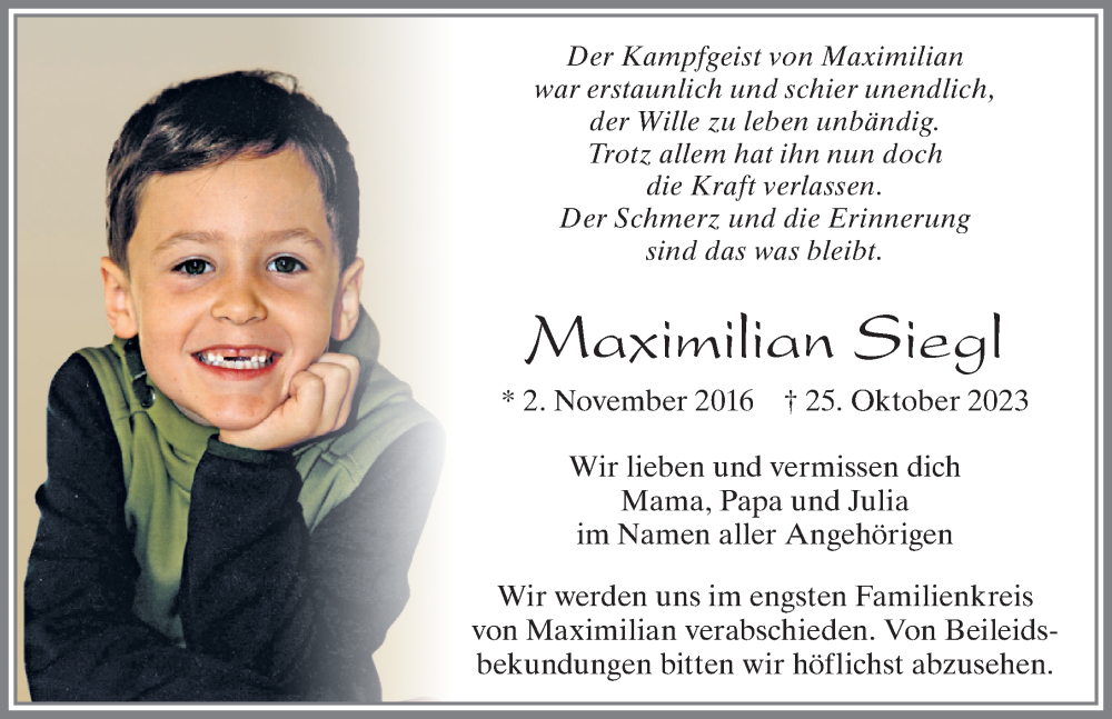  Traueranzeige für Maximilian Siegl vom 28.10.2023 aus Allgäuer Zeitung, Füssen