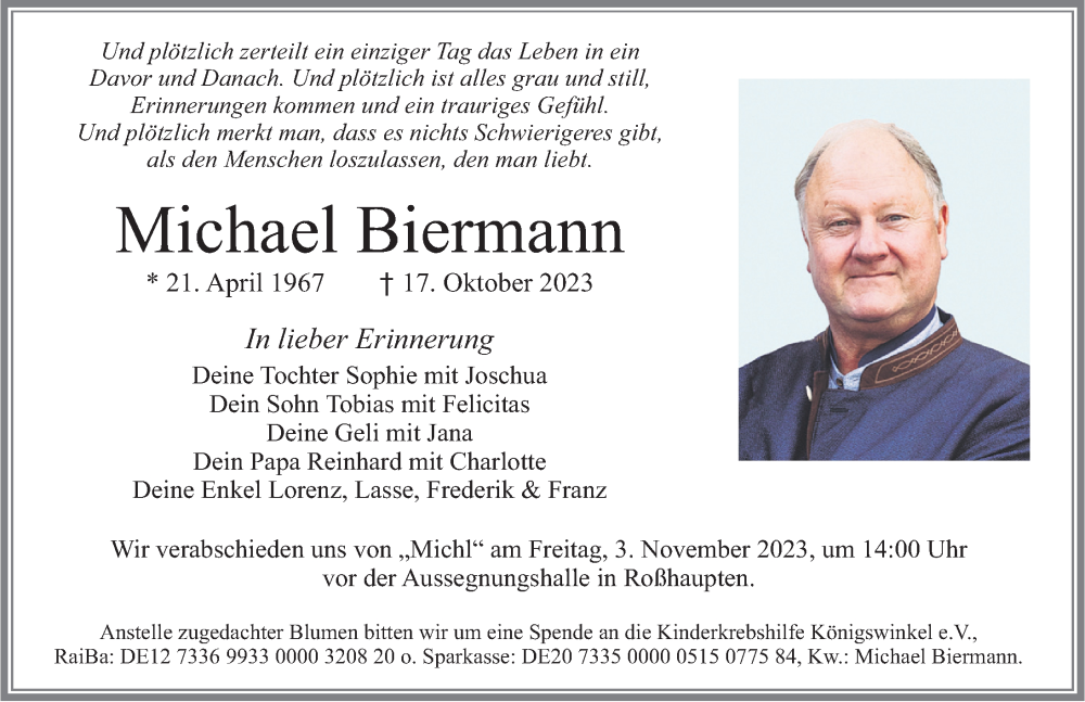  Traueranzeige für Michael Biermann vom 31.10.2023 aus Allgäuer Zeitung, Füssen