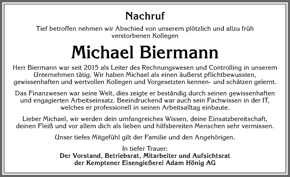  Traueranzeige für Michael Biermann vom 31.10.2023 aus Allgäuer Zeitung, Füssen