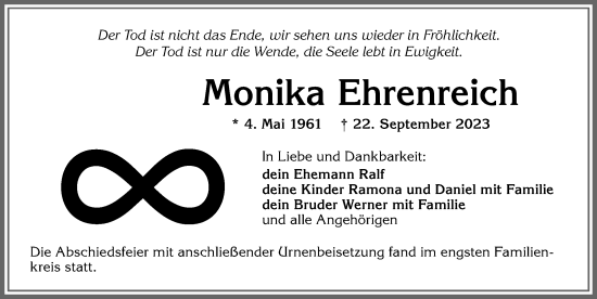 Traueranzeige von Monika Ehrenreich von Allgäuer Zeitung, Kaufbeuren/Buchloe