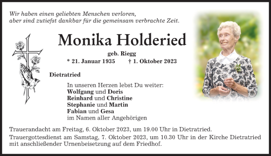 Traueranzeige von Monika Holderied von Memminger Zeitung