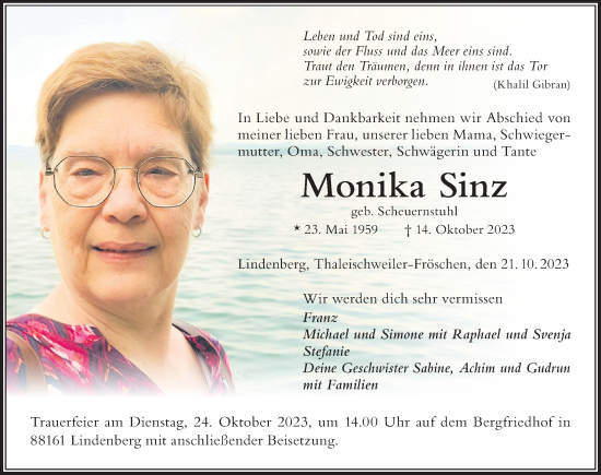 Traueranzeige von Monika Sinz von Der Westallgäuer