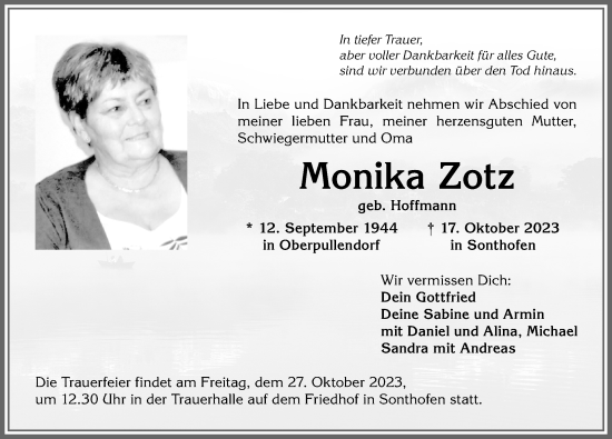 Traueranzeige von Monika Zotz von Allgäuer Anzeigeblatt