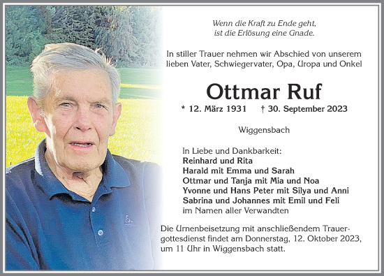 Traueranzeige von Ottmar Ruf von Allgäuer Zeitung,Kempten