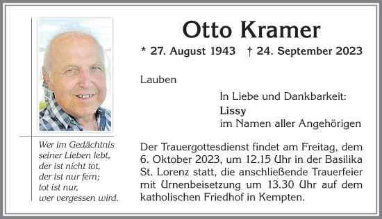 Traueranzeige von Otto Kramer von Allgäuer Zeitung,Kempten