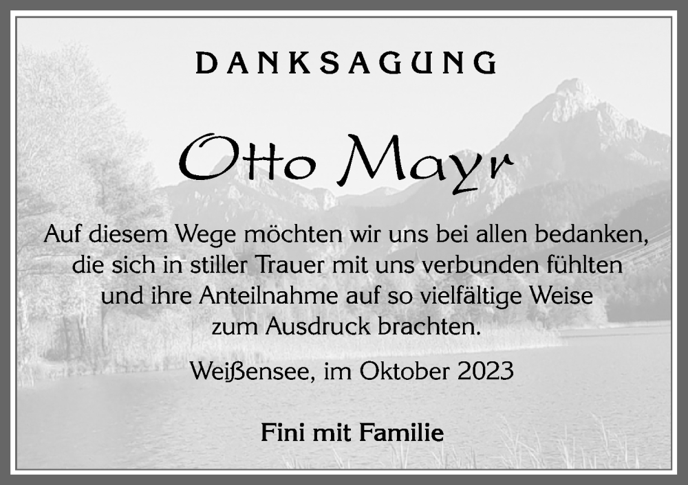  Traueranzeige für Otto Mayr vom 20.10.2023 aus Allgäuer Zeitung, Füssen