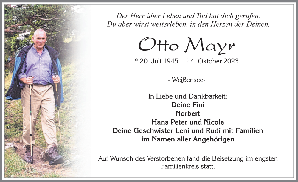  Traueranzeige für Otto Mayr vom 12.10.2023 aus Allgäuer Zeitung, Füssen