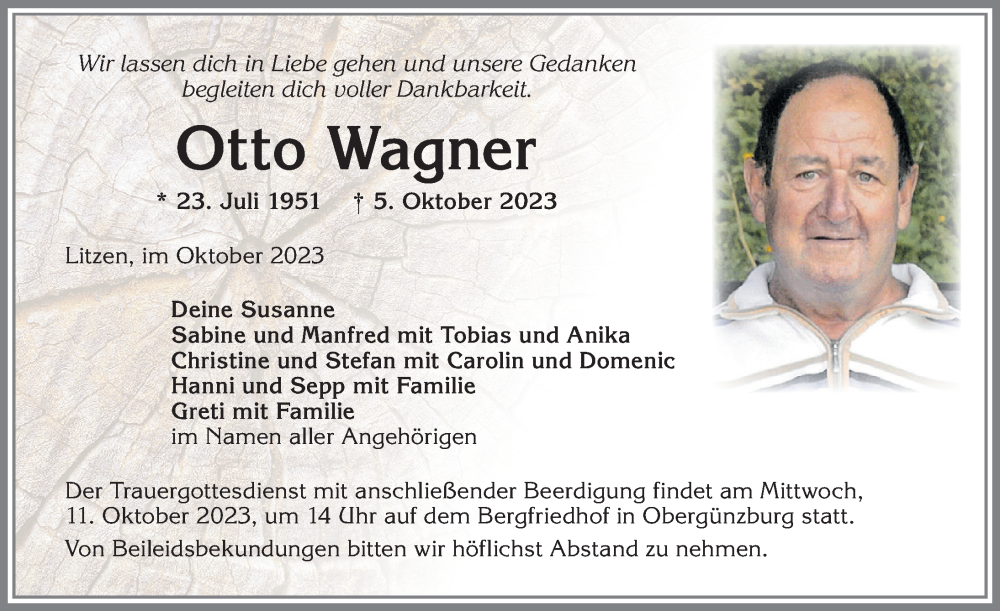  Traueranzeige für Otto Wagner vom 09.10.2023 aus Allgäuer Zeitung, Marktoberdorf