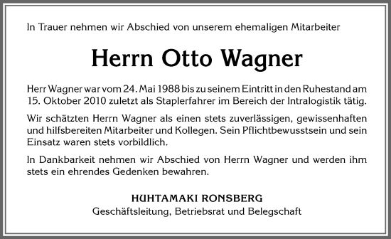 Traueranzeige von Otto Wagner von Allgäuer Zeitung, Marktoberdorf