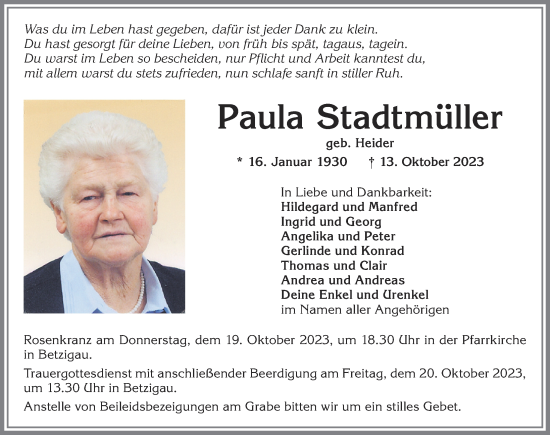 Traueranzeige von Paula Stadtmüller von Allgäuer Zeitung,Kempten
