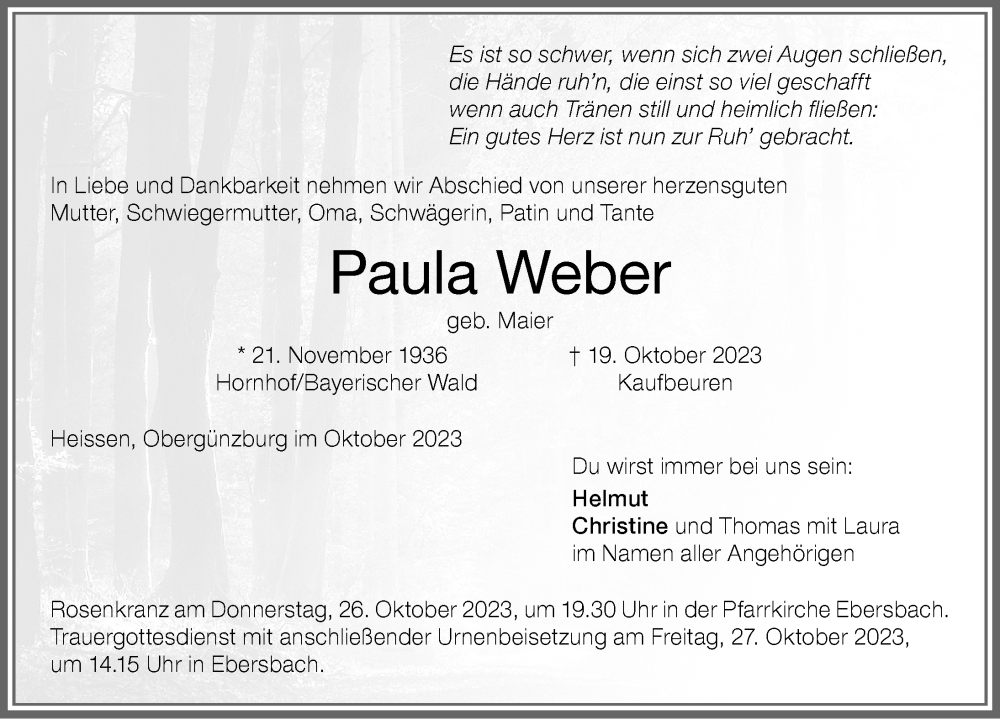  Traueranzeige für Paula Weber vom 25.10.2023 aus Allgäuer Zeitung, Marktoberdorf