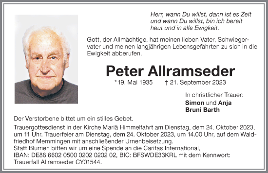 Traueranzeige von Peter Allramseder von Memminger Zeitung