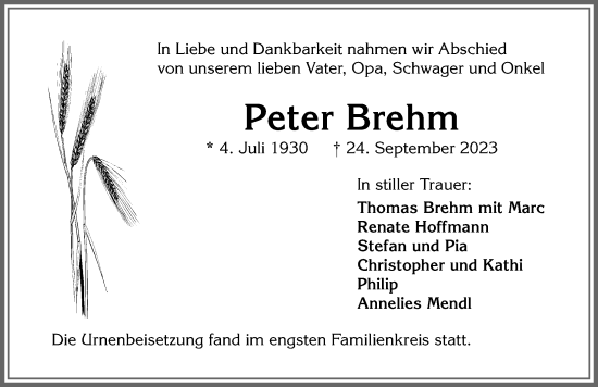 Traueranzeige von Peter Brehm von Allgäuer Zeitung,Kempten