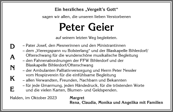 Traueranzeige von Peter Geier von Allgäuer Anzeigeblatt