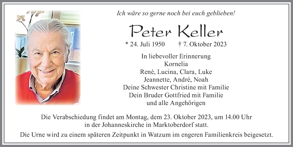  Traueranzeige für Peter Keller vom 14.10.2023 aus Allgäuer Zeitung, Marktoberdorf